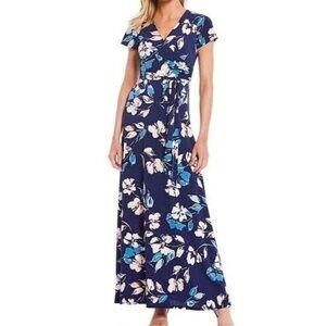 Eliza J  V-Neck Faux Wrap Stretch Knit Maxi Dress in Blue Pink Floral Size 10